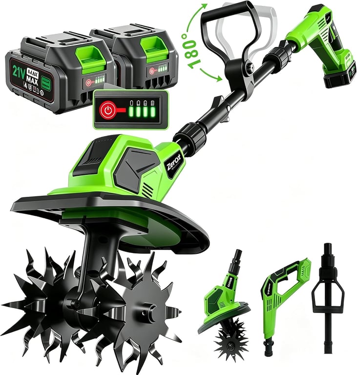 21V Cordless Garden Tiller with 8.0Ah Battery (2×4.0Ah + Charger) – 360RPM, 9" Tilling Width & 8.6" Depth, SK5 Steel Blades, 3 Adjustable Height Settings for Garden, Raised Beds & Lawn