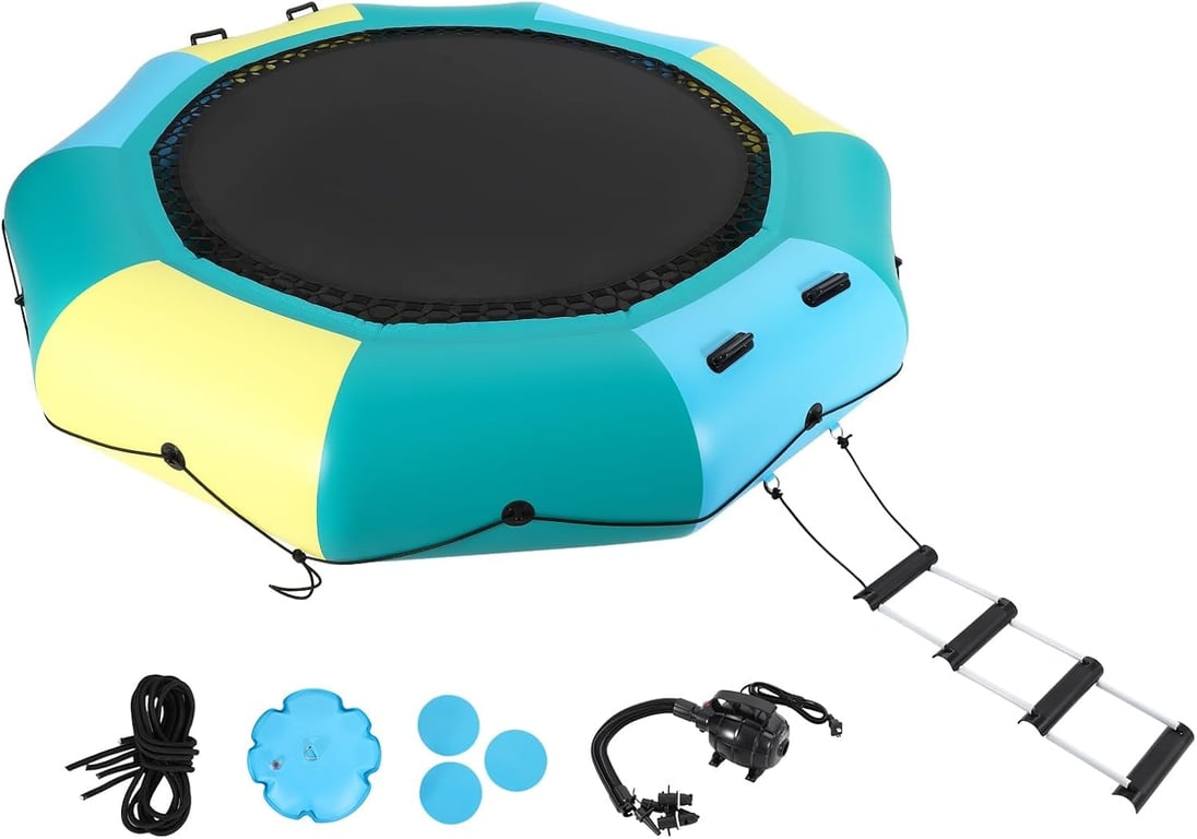 Inflatable Water Trampoline, 10FT/15FT Recreational Water Bouncer w/Electric Inflator, Rope Ladder, Mooring Ropes, Anchor, Adults Youth Bounce Swim Platform for Lakes, Pools