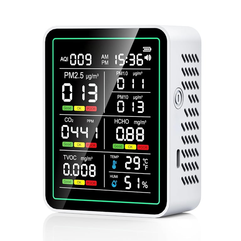 Air Quality Monitor Indoor, 10-in 1 Smart Air Quality Tester | CO2 | TVOC | HCHO | Temp | AQI | PM0.3-1 Detection Suitable for Home, Cars, Plants, Pets and Hotels /White