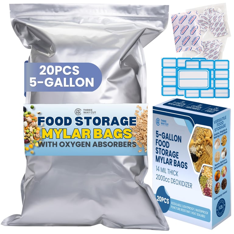 5 Gallon Mylar Bags For Food Storage with Zipper - 20pcs 14Mil Extra Thick For Long Term Storing, Dry Aging & Heat Vacuum Seal, 17x26" Large Resealable Myler Bag, 2000cc Oxygen Absorbers & Labels Pack