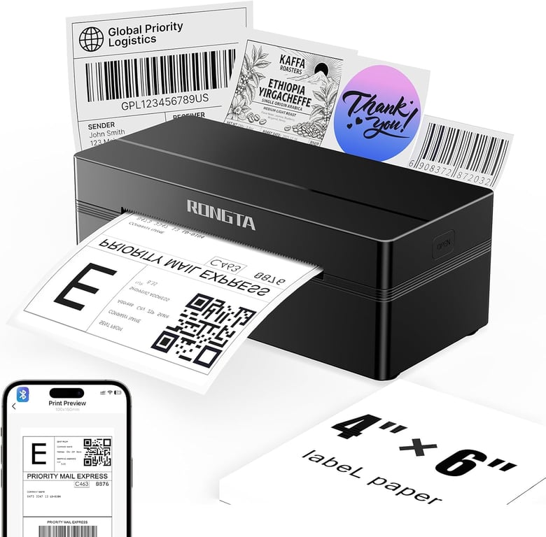 Rongta Bluetooth Shipping Label Printer, Wireless 4x6 Thermal Label Printer for Shipping Packages, Support Phones, Compatible with Windows macOS Android iOS for Small Business