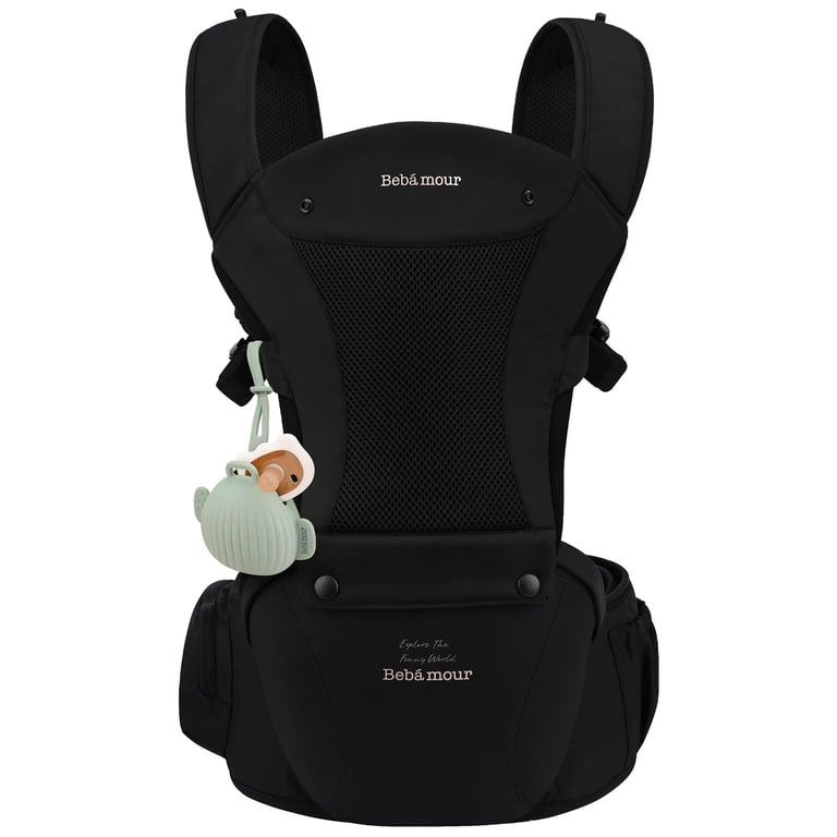 Bebamour Baby Carrier with Hip Seat,All-Position Breathable Mesh Hip Seat & Carrier 0-36Months with Head Hood, 3 PCS Teething Pads, Waist Extender,Storage Bag & Pacifier Case(Black)