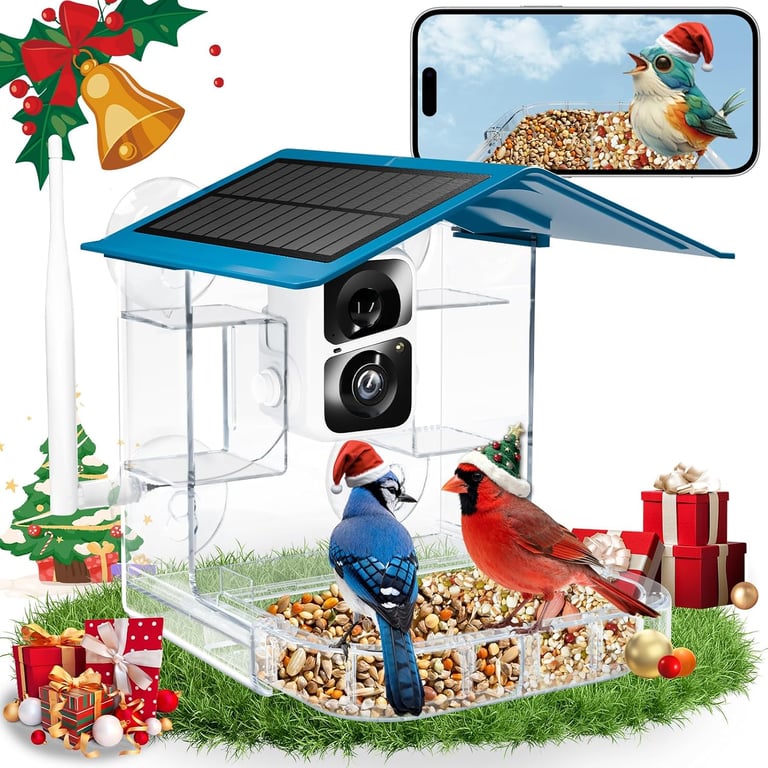 Smart Bird Feeder with Camera Solar Powered, 2.4Ghz/5Ghz WiFi Instant Notifications Smart Window Bird Feeder for Outdoor, 2K HD AI Identify Birds SpeciesGifts for BirdLovers Kids Grandparents