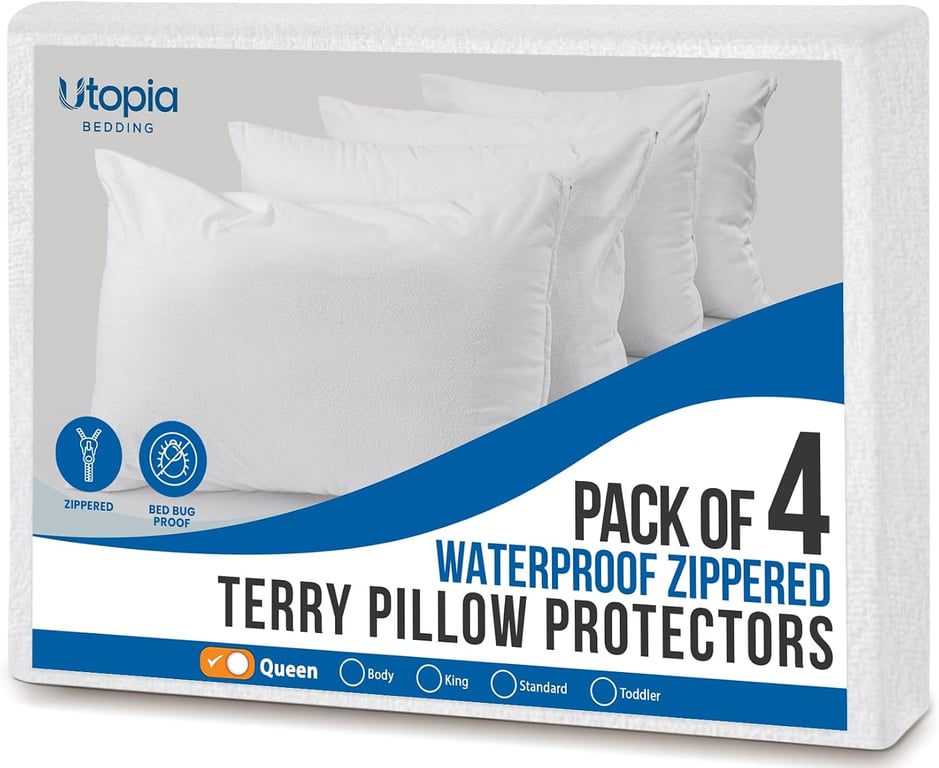 Waterproof Terry Top Pillow Protectors, Zippered, 4 Queen Pillow Covers