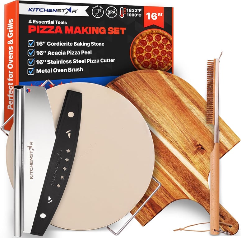 KitchenStar Pizza Stone Set for Oven and Grill – 16 Inch Cordierite Baking Stone, 1800°F Resistant, 6-Piece Kit with Acacia Wood Pizza Peel, Cutter Rocker, Steel Rack & Cleaning Brush