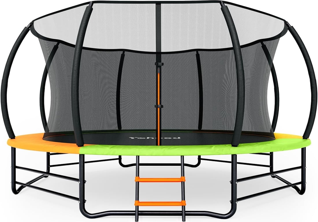 Yohood Trampoline Outdoor 12FT 14FT, Recreational Trampolines with Enclosure Net and Ladder, ASTM Approved for Kids and Adults, with Additional 8 Stabilizer Bars and Anti-Rust Coated Galvanized Frame