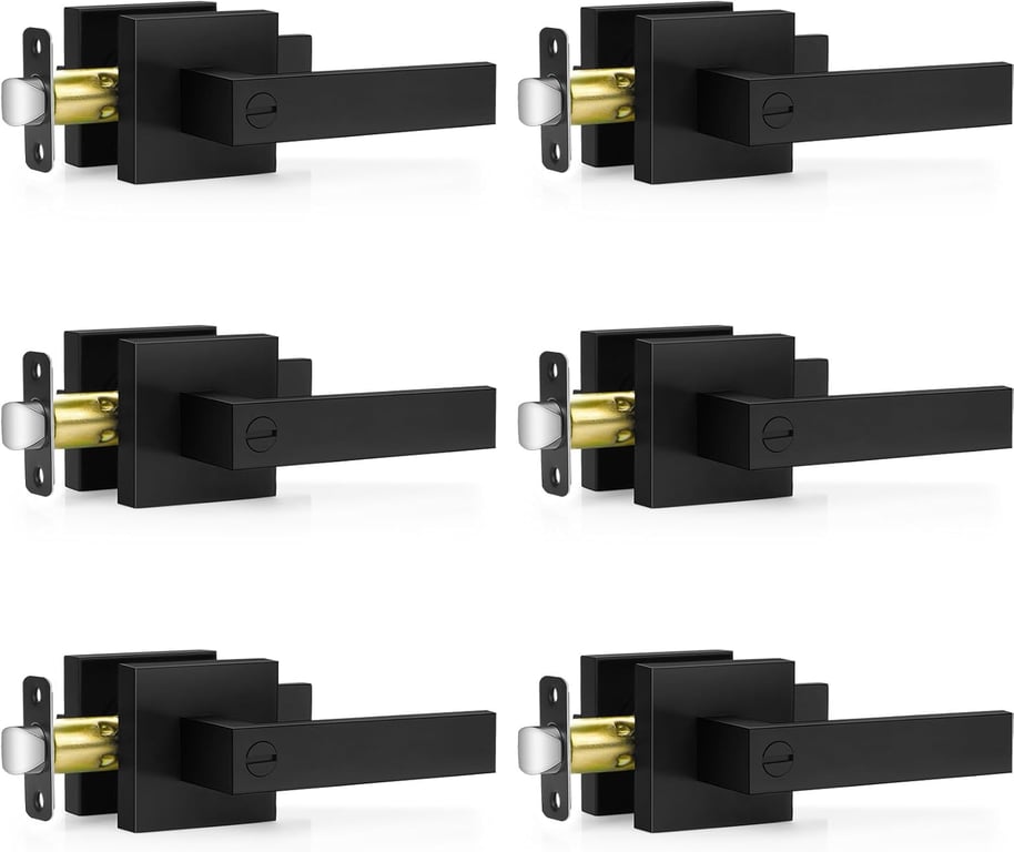 Plustool 6 Pack Matte Black Door Handles Interior, Keyless Interior Door Knobs, Privacy Door Locks for Bedroom Bathroom, Heavy Duty Square Door Lever Locksets, Reversible for Left&Right Handled Doors