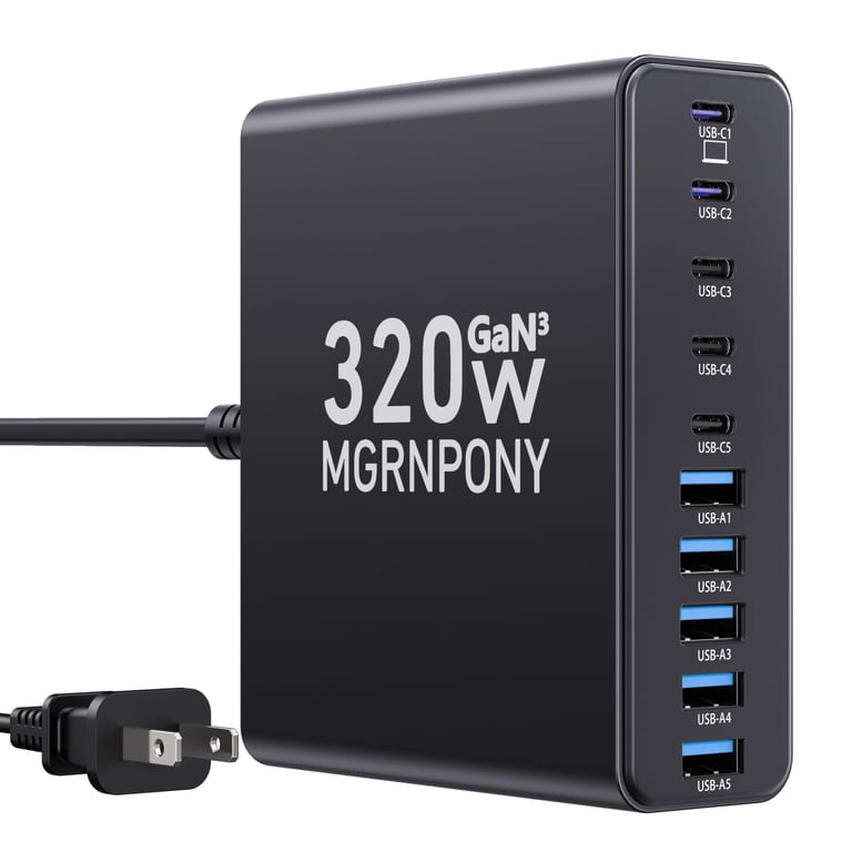 MGRNPONY 320W 10‑Port GaN USB‑C Charger
