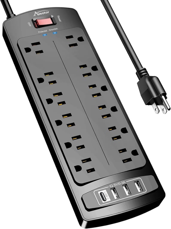 ALESTOR 6 Ft Surge Protector Power Strip with 12 Outlets and 4 USB Ports | 2700 Joules, 6 Feet Heavy Duty Extension Cord with Multiple Outlets for Home, Office, Dorm Room, ETL Listed, Black