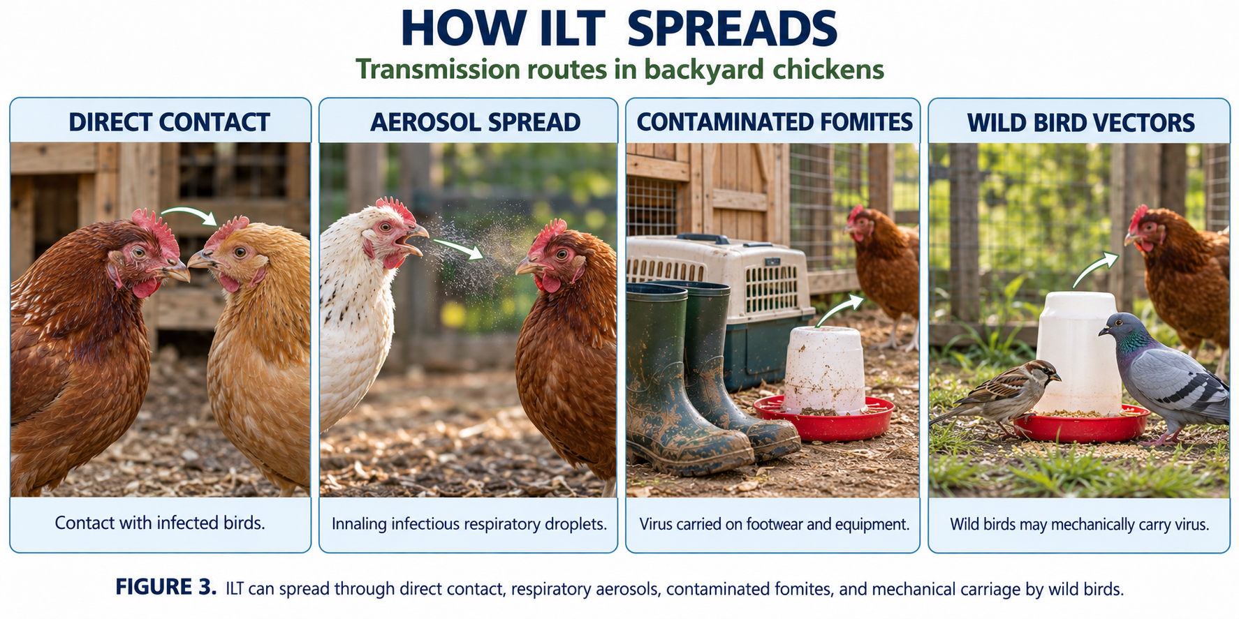 Transmission routes for ILT in backyard chickens include direct contact, aerosol spread, contaminated fomites, and wild bird vectors.