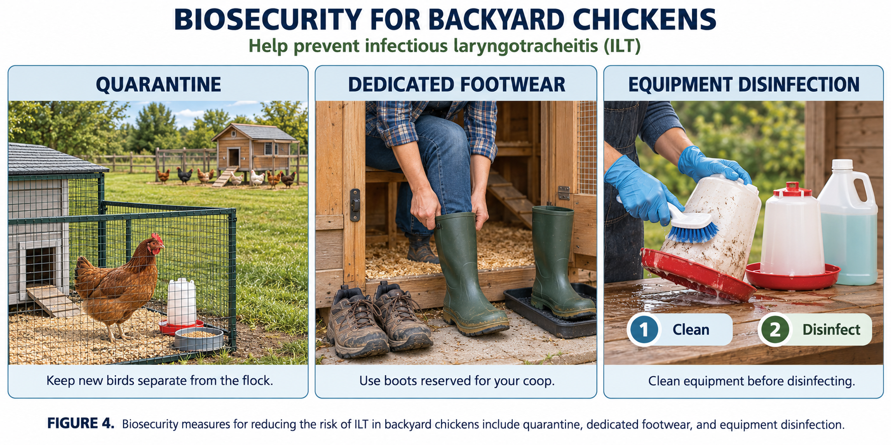 [FIGURE 4: Biosecurity measures are the most effective prevention for ILT in backyard chickens, including quarantine, dedication footwear, and equipment disinfection.]