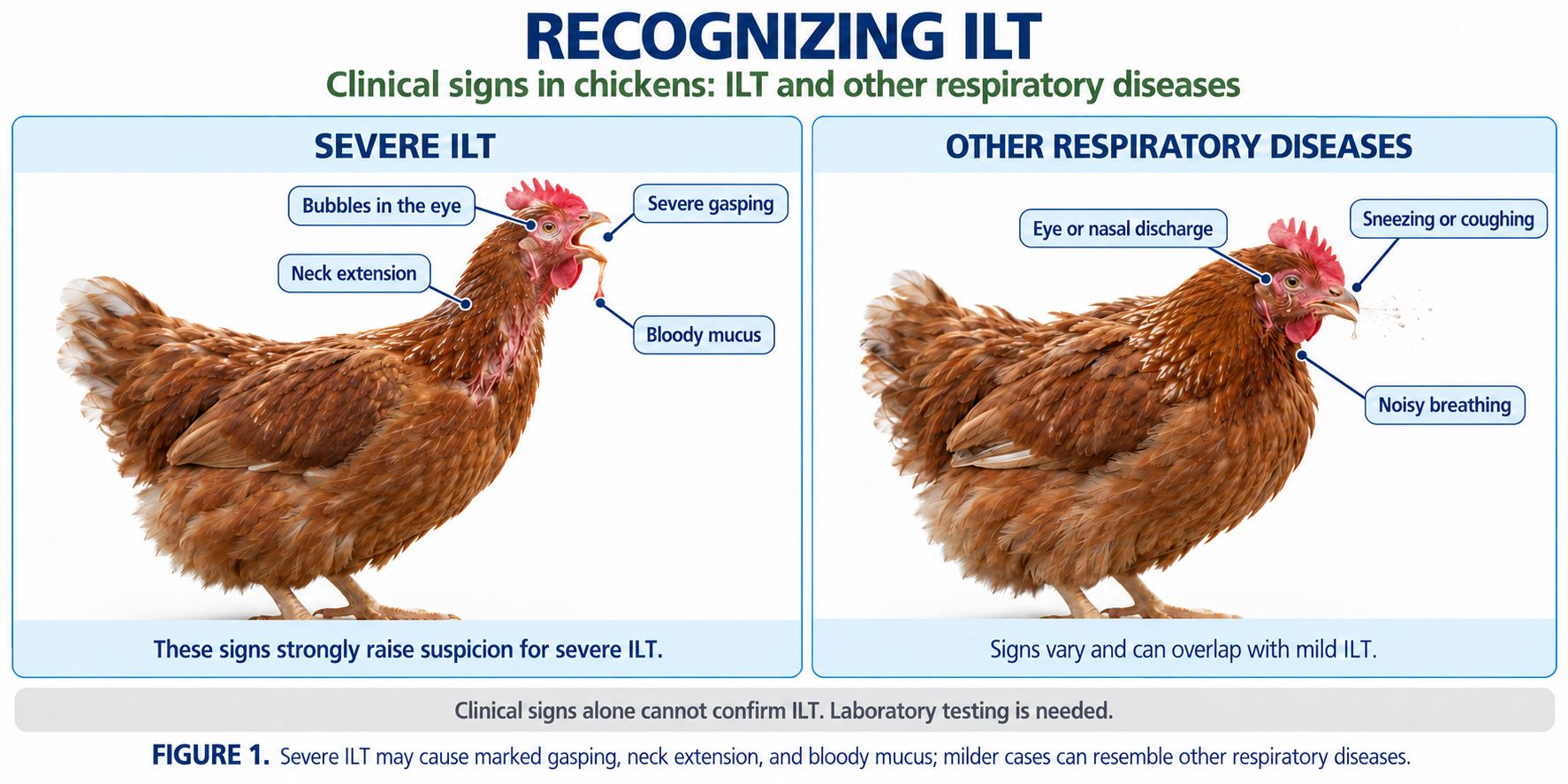 Comparison of clinical signs between ILT and other respiratory disease chickens. ILT is distinguished by severe gasping, neck extension, and bloody mucus.