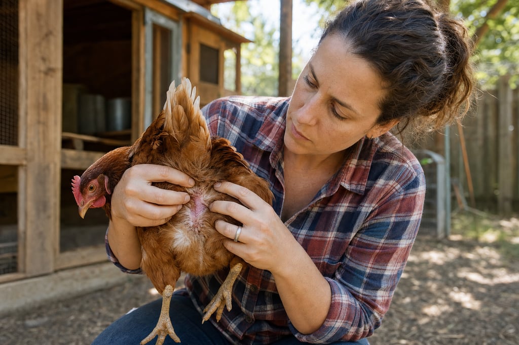 Backyard flock owner performing a wound check on a hen, illustrating New World screwworm prevention through daily inspection during fly season.