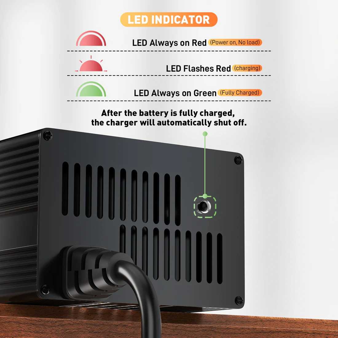 Specificaties van 24V 15A LiFePO4 accu oplader 