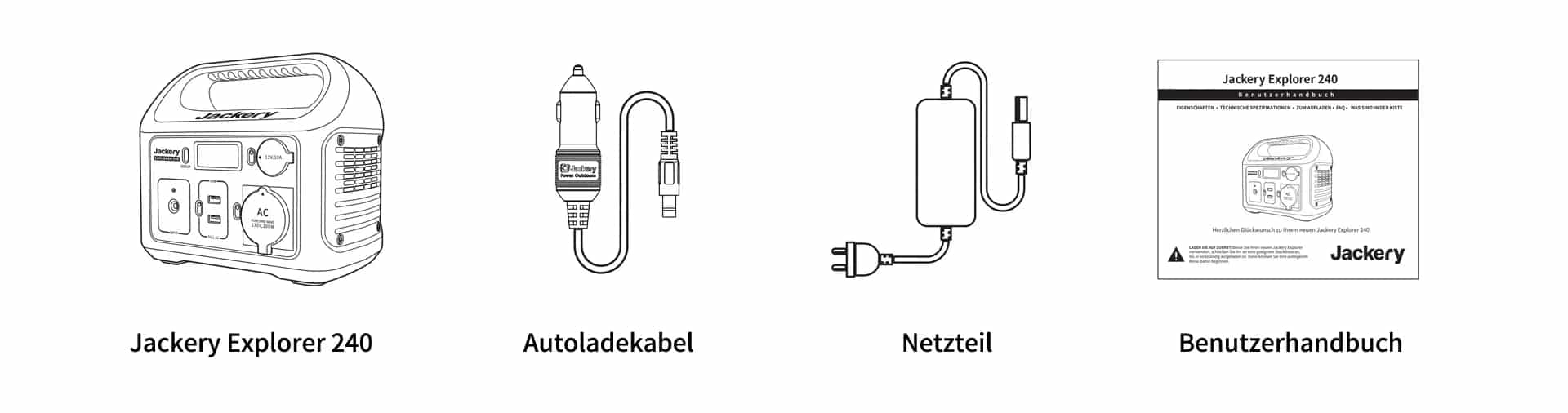 <p>Lieferumfang Jackery Explorer 240 </p>
