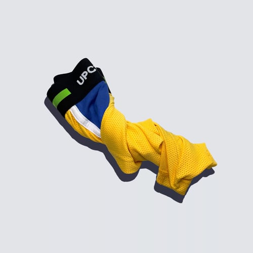 Upcycled Boxer Blue and Yellow