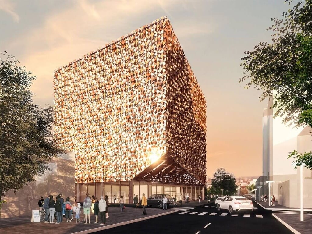 Pamje 3D e jashtme e objektit Rainbow Center ku duket hyrja dhe fasada