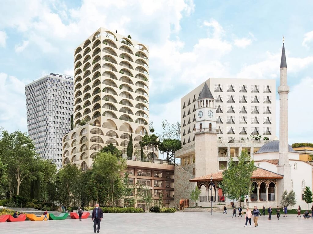 Pamje e dytë e renderuar e Book Building me sahatin dhe xhamin plazza
