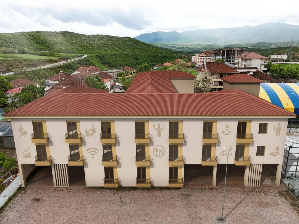 Render i pamjes ballore të hyrjes kryesore të shkollës