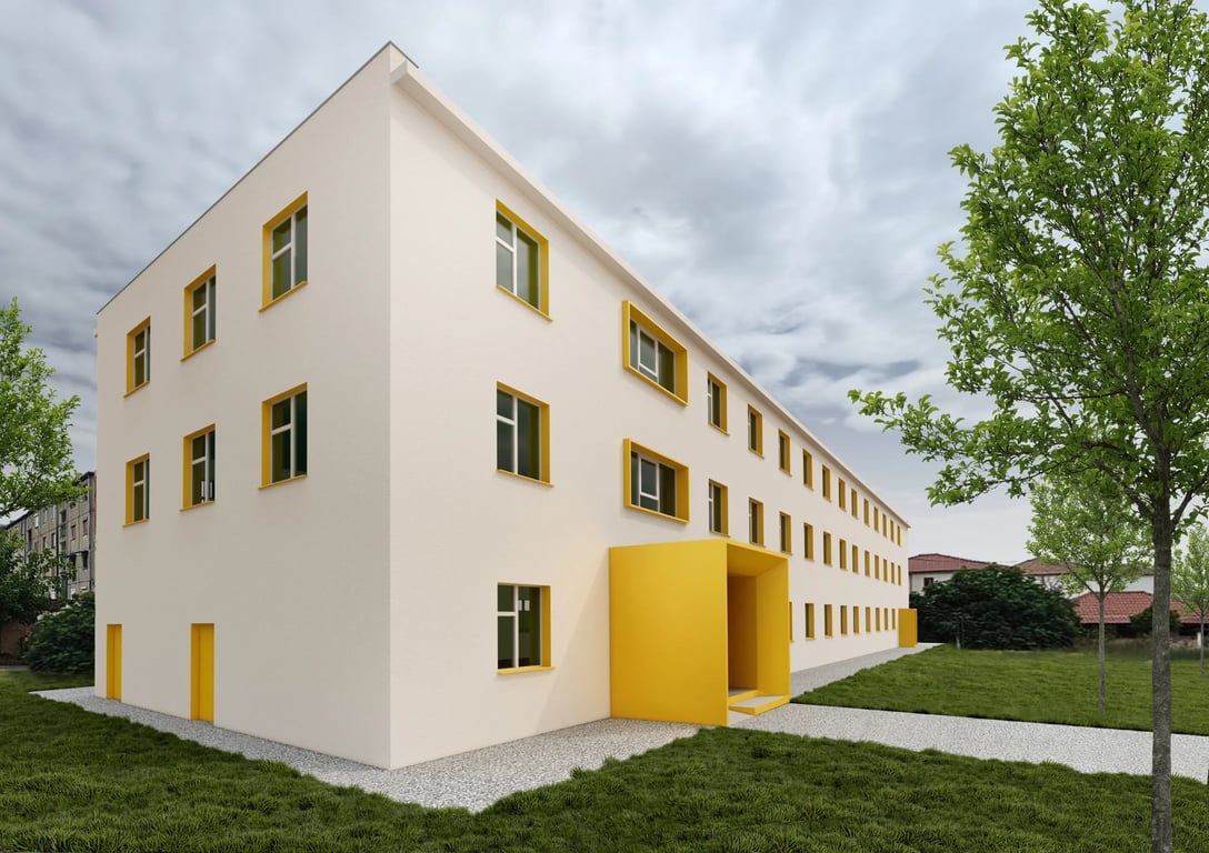 Render of the main entrance of the transformed campus