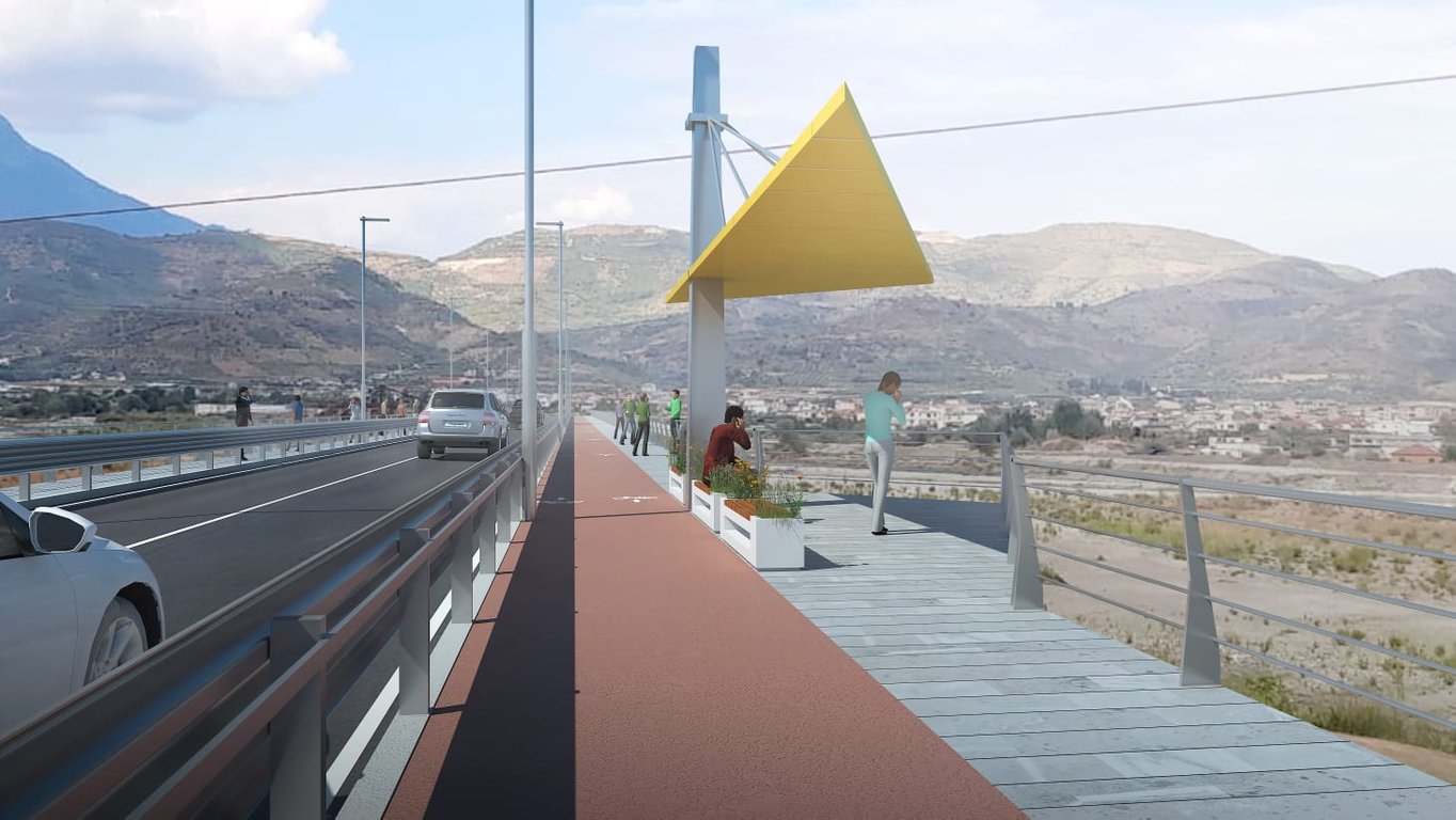 Render i trotuarit dhe vendit të pushimit për këmbësorë në urën e re