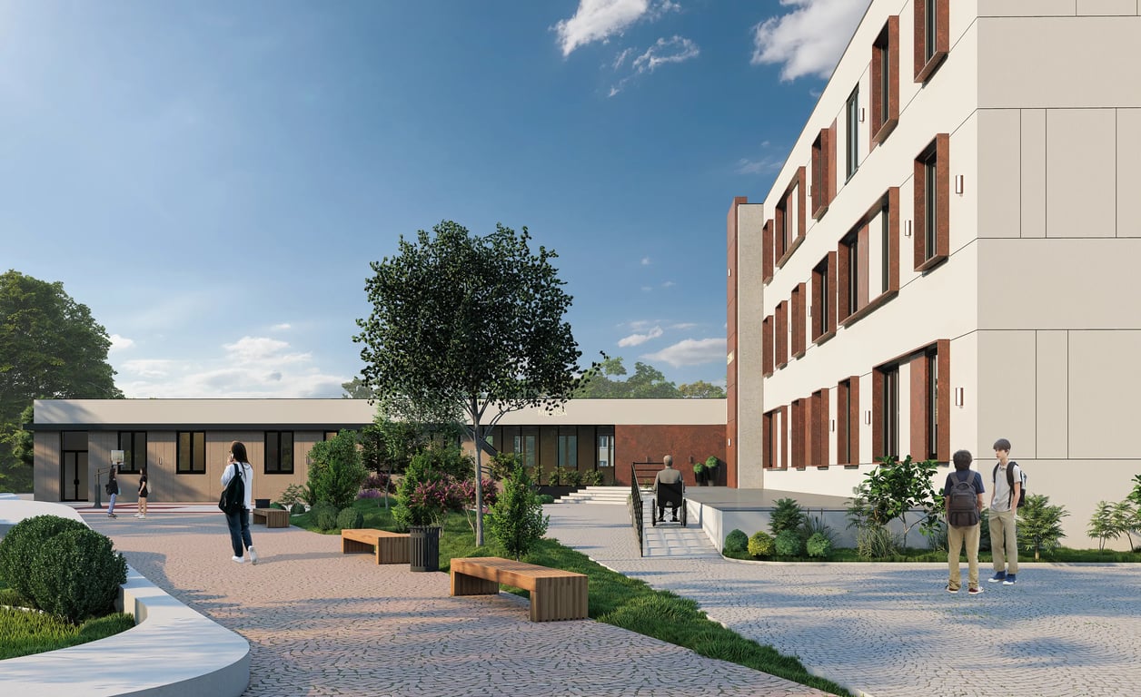 Render i oborrit të kampusit me sotola dhe rampë