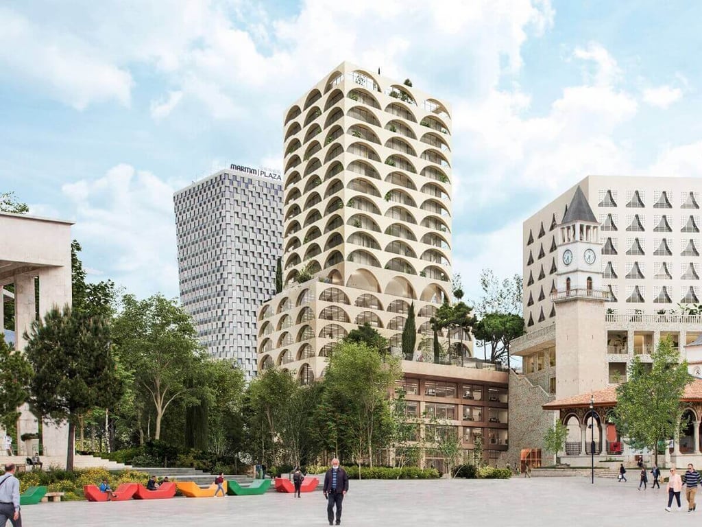 Pamje e tretë e renderuar e Book Building me sahatin dhe xhamin plazza