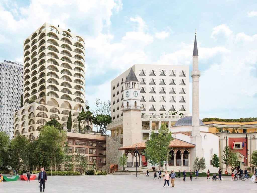 Pamje e renderuar e Book Building me sahatin dhe xhamin plazza