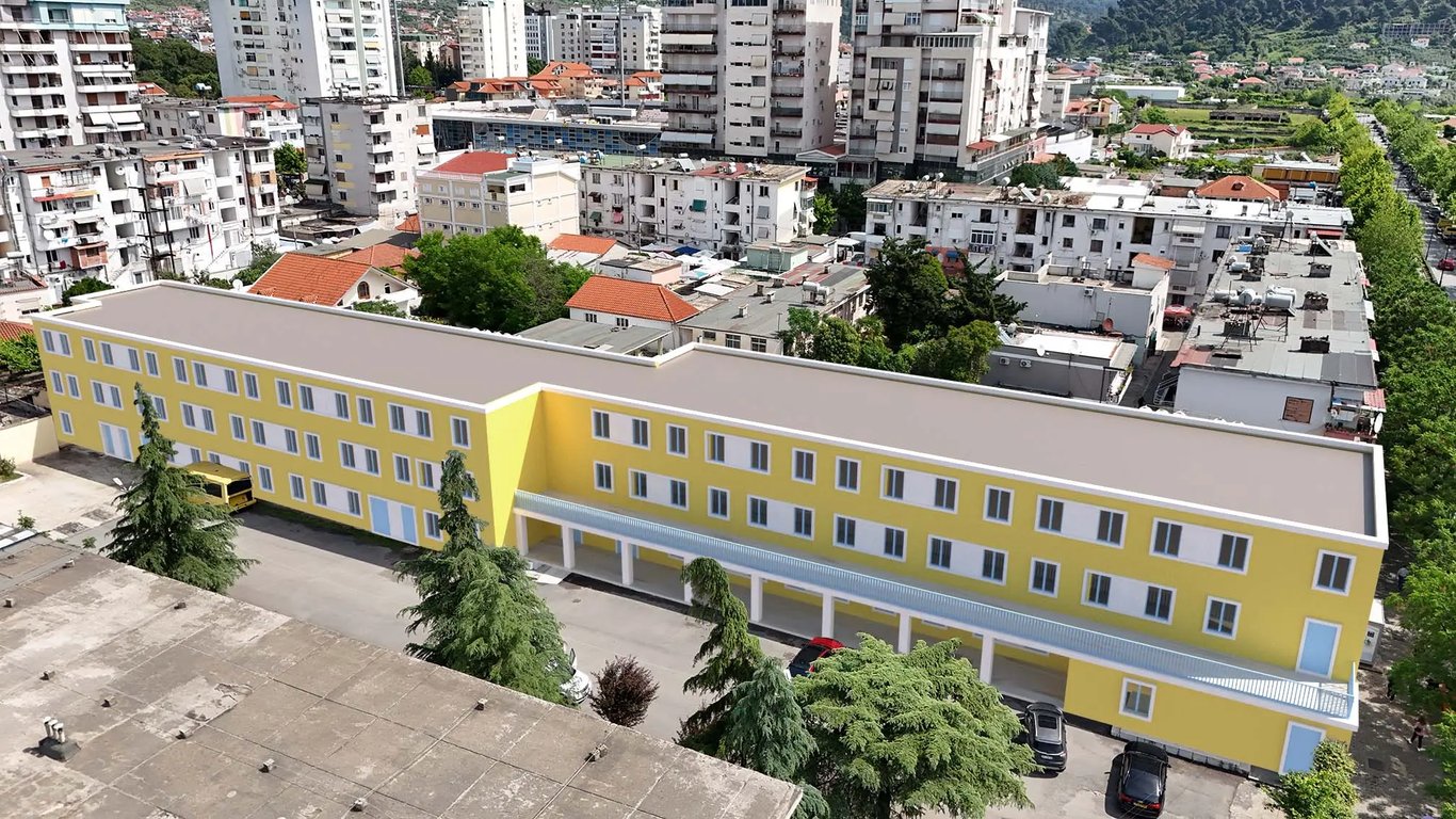 Render of the frontal view of the transformed campus in Elbasan