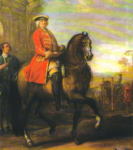 18th century equestrian painting depicting a horseman in red coat — classical French horsemanship in the era of La Guérinière