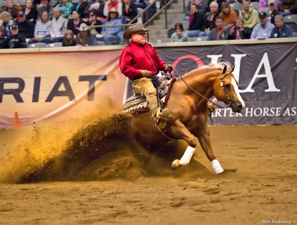 Tim McQuay executing a sliding stop in reining competition — Photo © Ben Radvanyi
