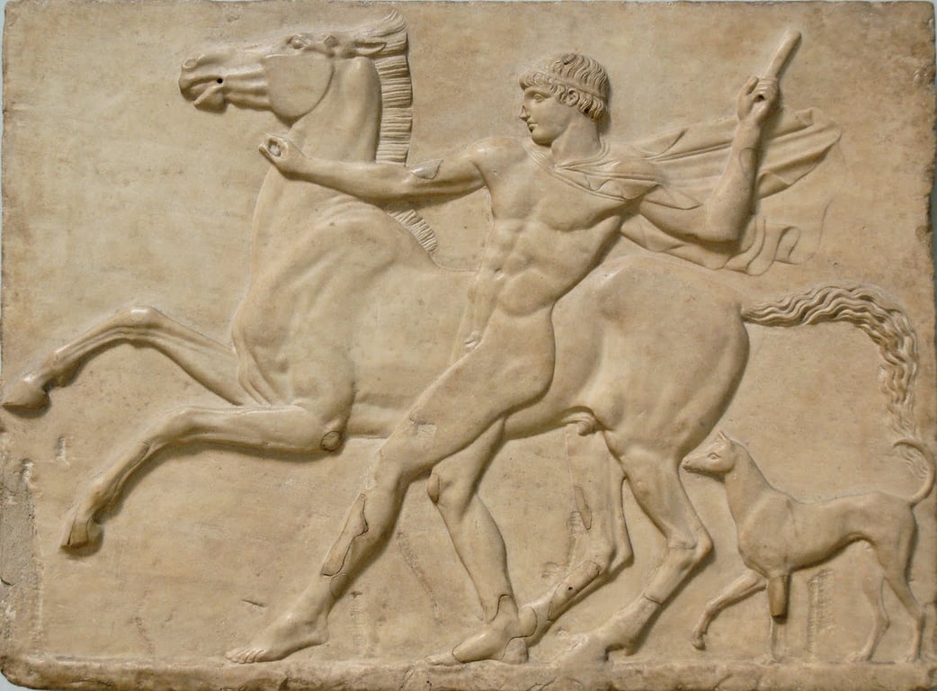 Ancient Greek marble relief depicting a rider on horseback — classical horsemanship