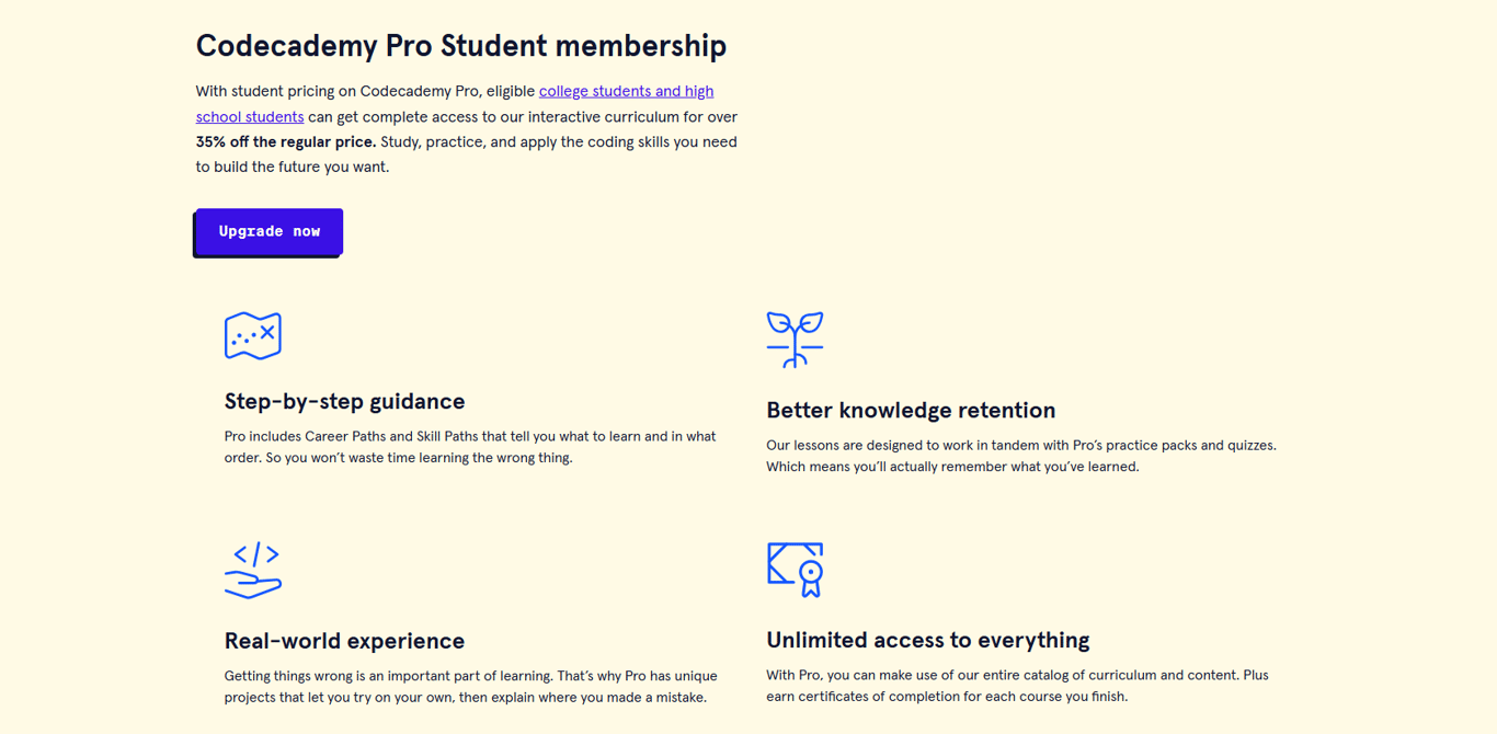 Codecademy-Pro-features-overview-outlining-career-paths-practice-quizzes-and-completion-certificates