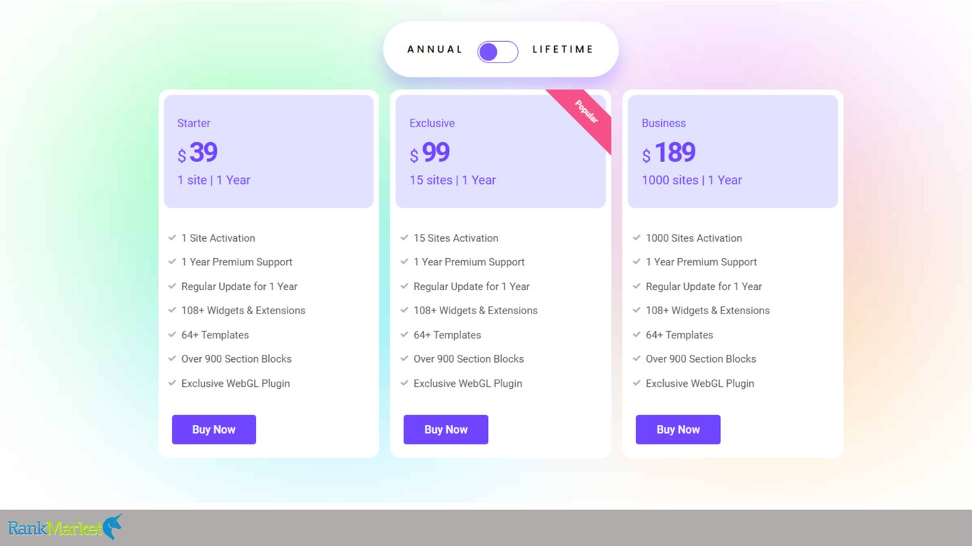 Exclusive Addons Pricing Plans For Elementor Plugin Licenses