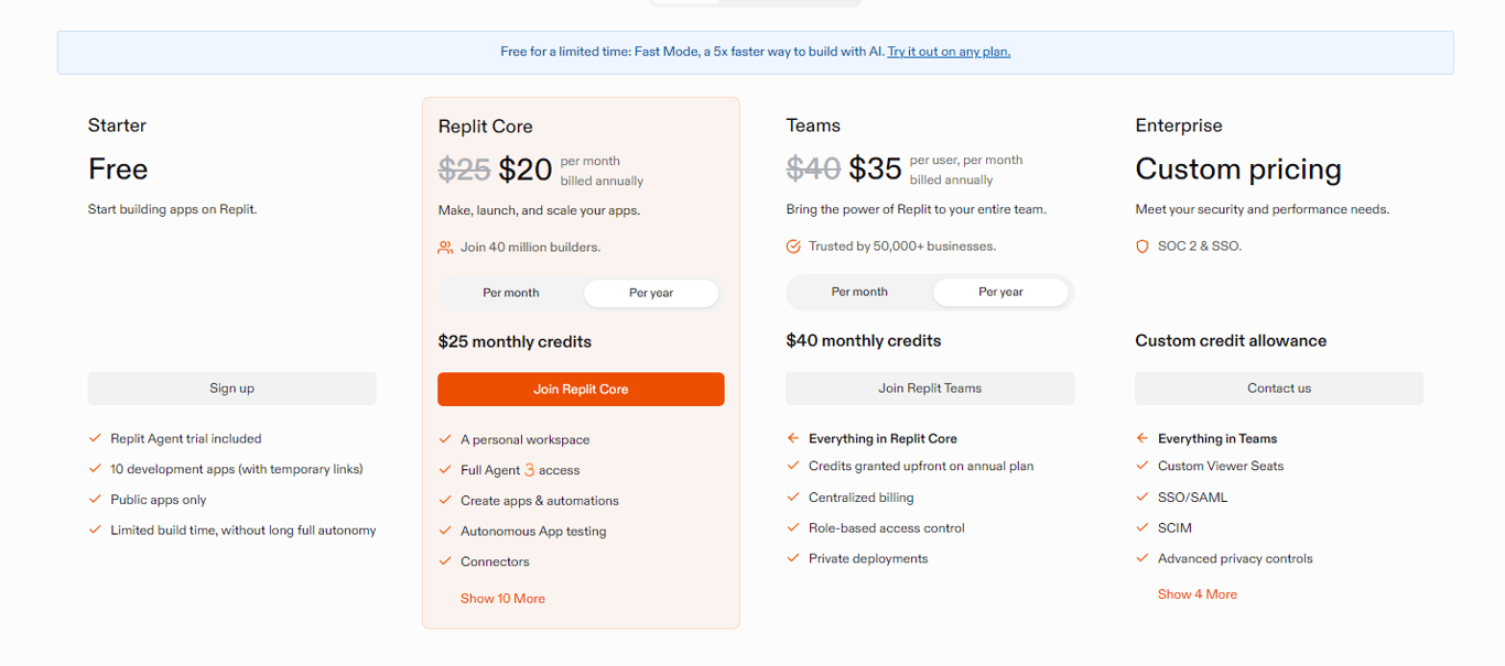 Replit pricing plans