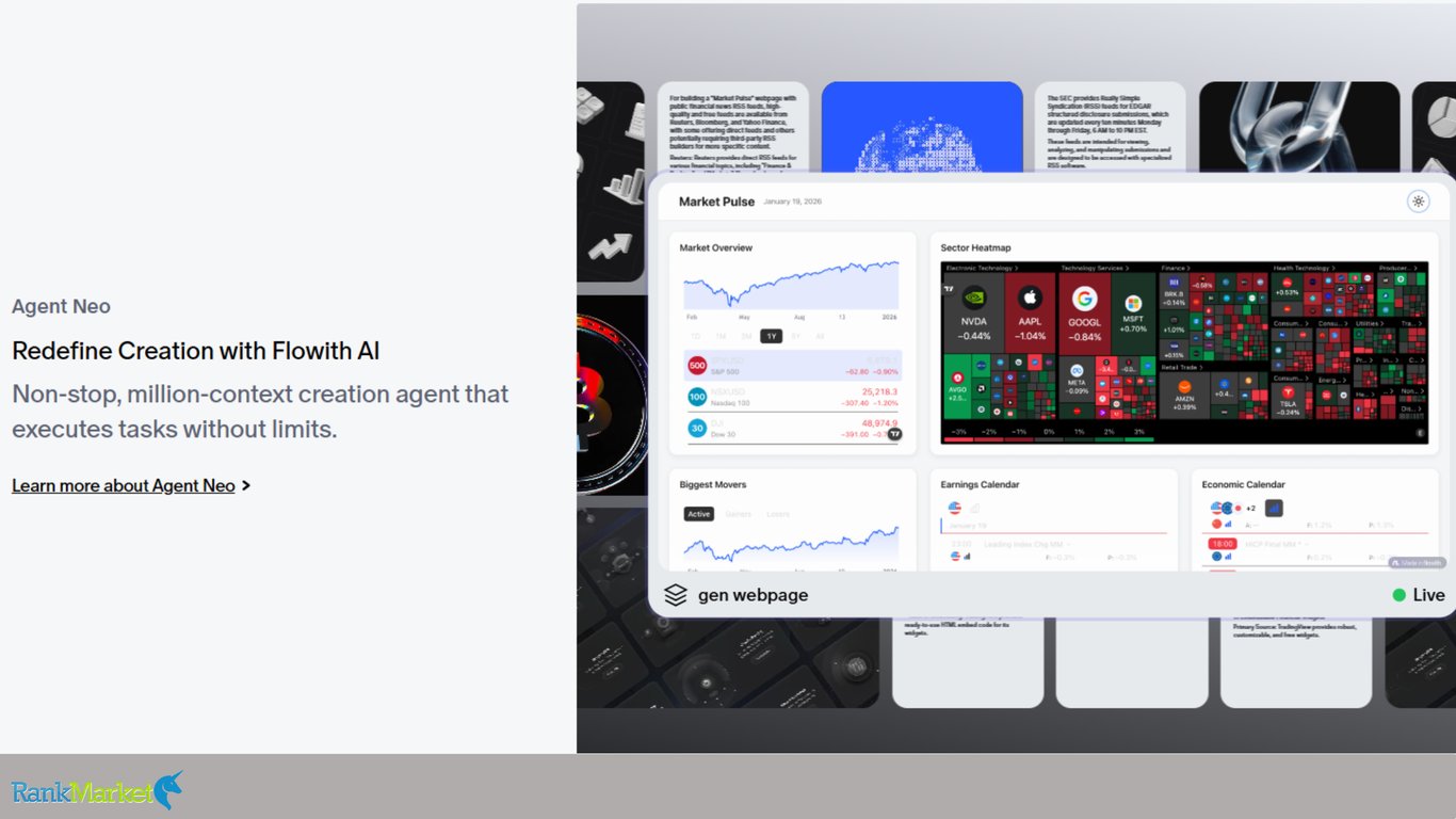 Feature-Section-Introducing-Agent-Neo-With-A-Split-Screen-Showing-The-Text-Redefine-Creation-With-Flowith-Ai-And-A-Live-Dashboard-Generating-A-Market-Pulse-Webpage