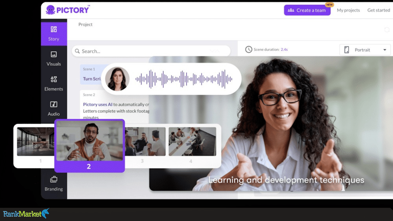 Interface For Creating Videos From Text Using Pictory Ai, Showing Scene Selection, Background Music And Ai Voice.