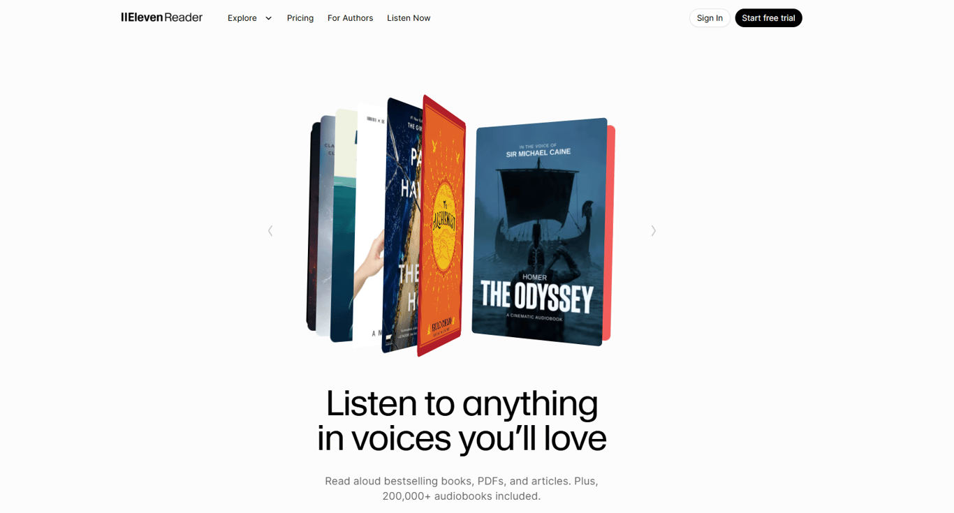 ElevenReader-web-page-hero-banner-displaying-audiobook-library-with-text-to-speech-features-for-books-and-PDFs