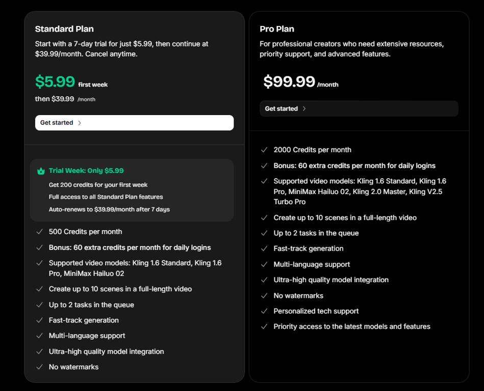 animateai-pro-pricing-plans-comparing-standard-and-pro-monthly-credit-subscription-cards