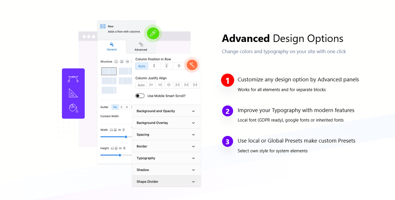 GreenShift advanced design settings panel inside Gutenberg showing layout spacing typography color controls and styling customization options
