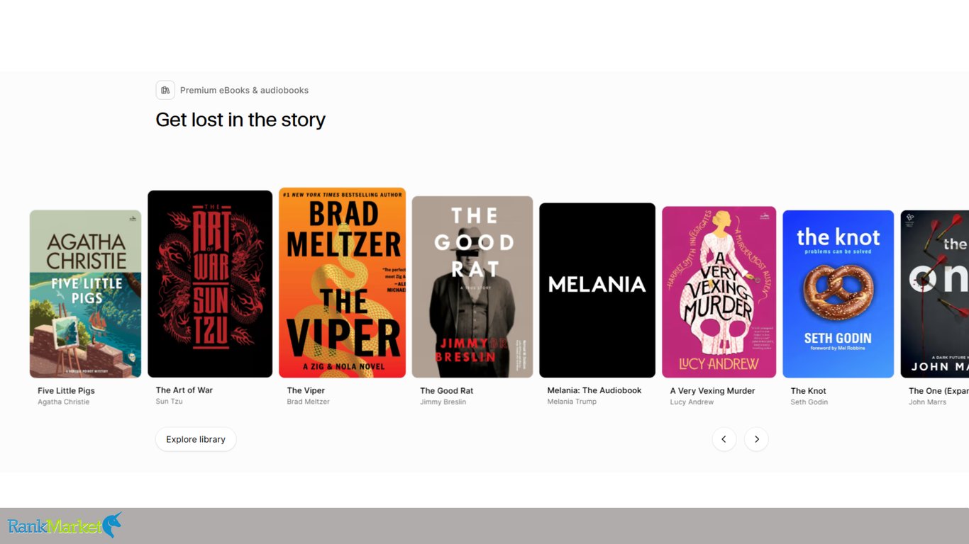 A-Row-Of-Premium-Ebook-And-Audiobook-Covers-Under-The-Heading-Get-Lost-In-The-Story-Including-Titles-By-Agatha-Christie-Sun-Tzu-And-Seth-Godin