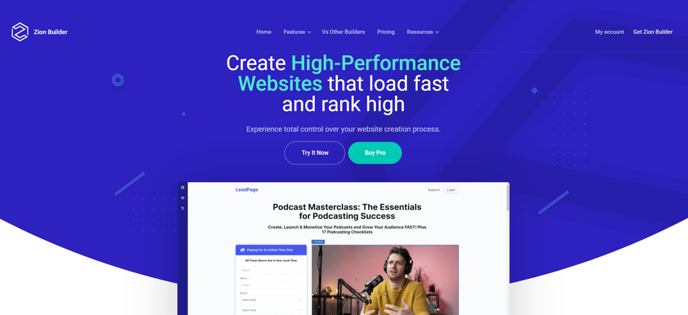 Zion Builder intuitive homepage showing blocks, layouts, and templates for quick web design