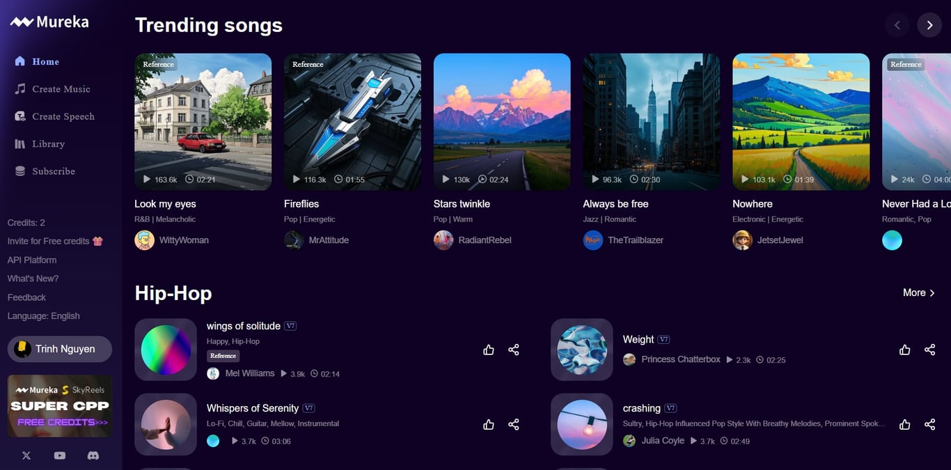 Mureka AI's main dashboard with music creation and editing options