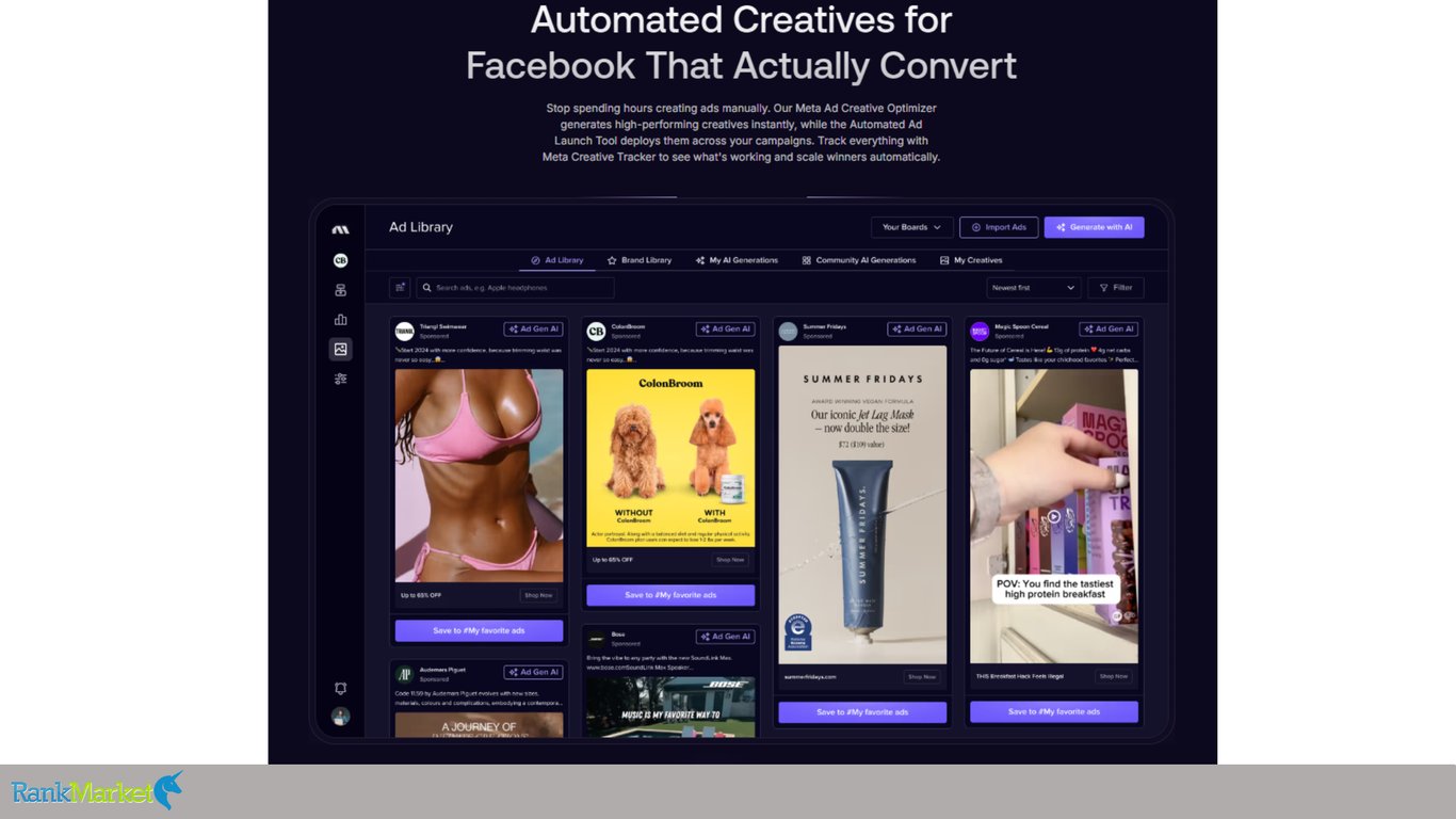Automated-Facebook-Ad-Library-Workspace-Showing-Various-E-Commerce-Creative-Placements-With-Ai-Generation-Tools