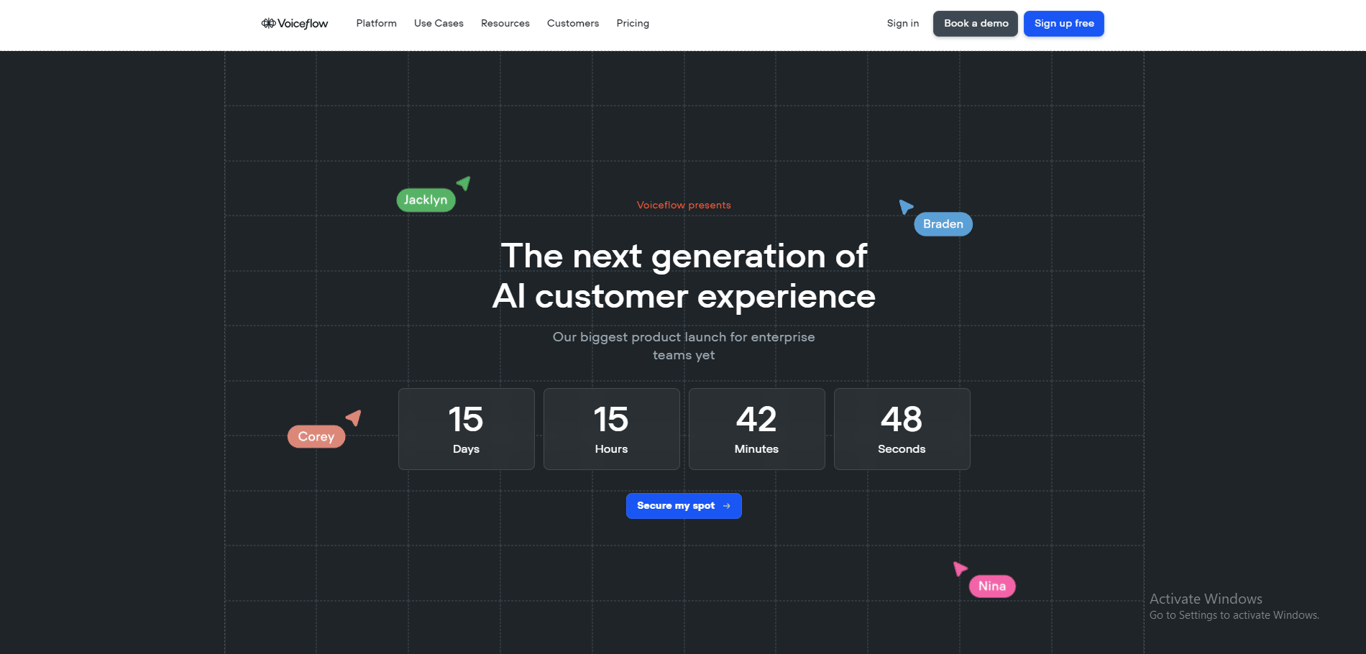 Voiceflow platform interface for designing AI conversations.