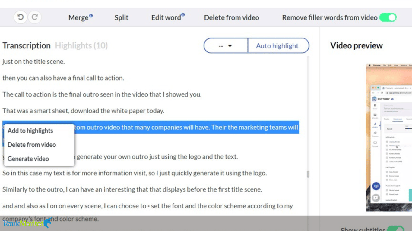 Video Highlight Cutting Interface On Pictory Ai By Adjusting Transcript And Selecting Important Parts.
