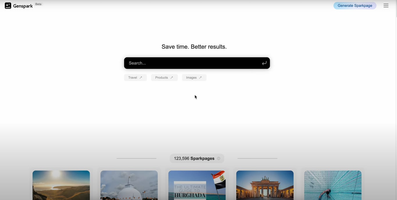 Genspark AI homepage showing a clean dashboard with writing, keyword research, and optimization tools