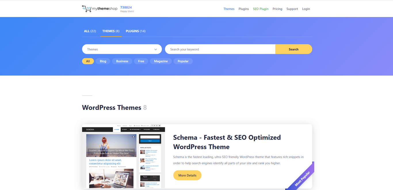 MyThemeShop homepage with premium WordPress themes and plugins