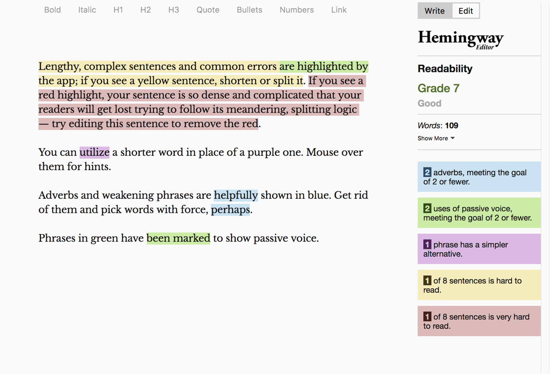 Hemingway Editor features highlighting readability score and grammar suggestions
