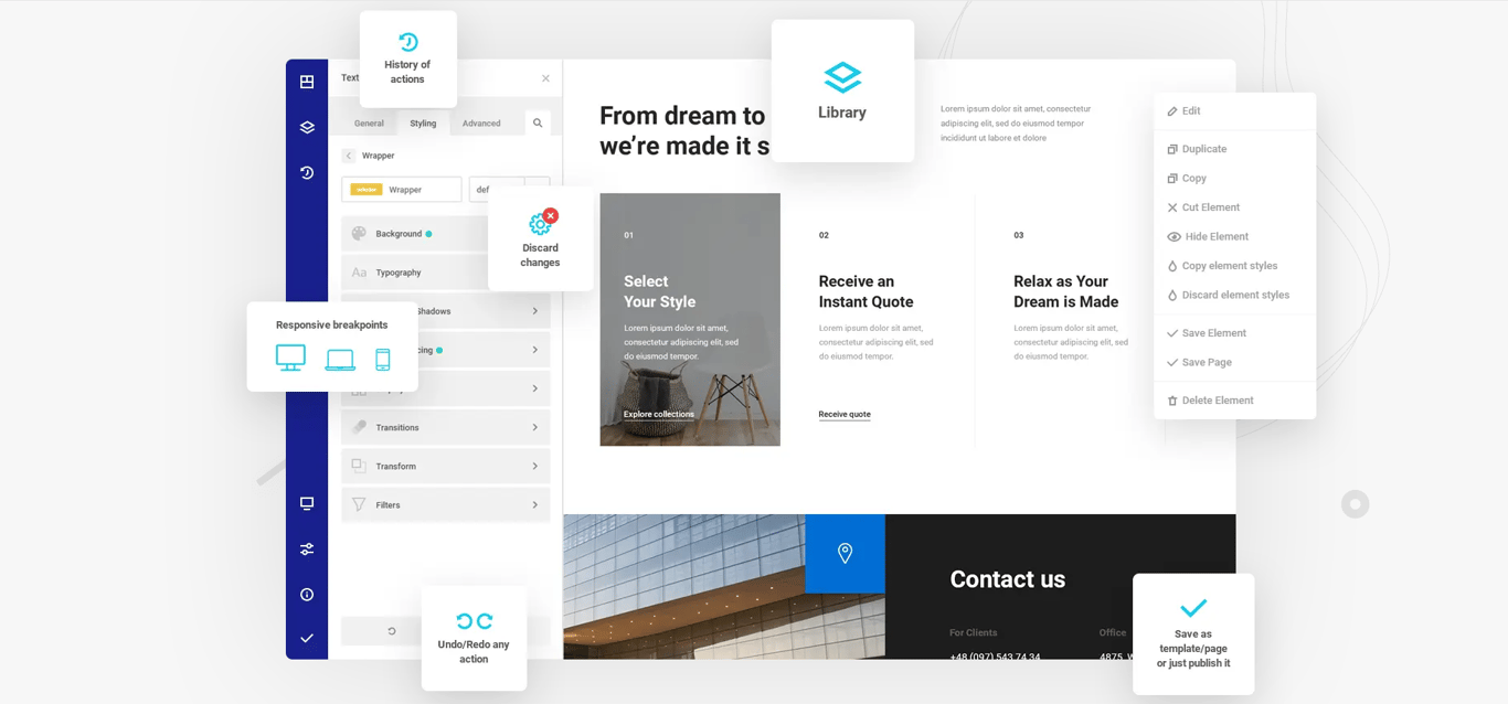 Zion Builder main features include drag-and-drop, templates, and responsive design directly on the canvas
